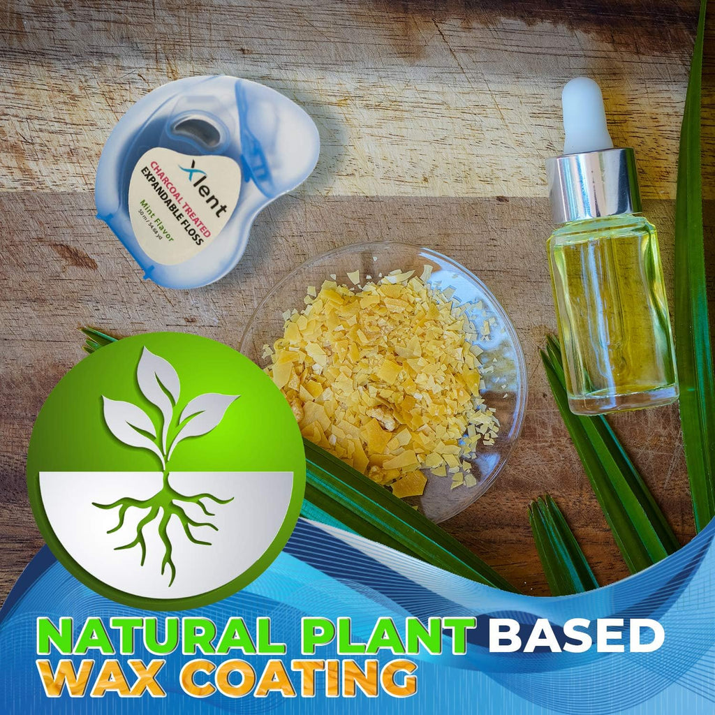 Expandable Floss Treated with Activated Charcoal with Xylitol and Natural Plant Based Wax |Fresh Mint Flavor | 50 Meter (6 Count)