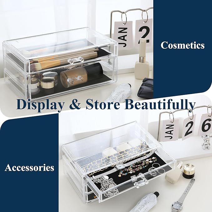 Sea Team Clear Makeup Organizer with Drawers, Acrylic Plastic Cosmetic Display Case, Jewelry Storage Box, Holder for Dresser, Bathroom, Vanity, Countertop (1 Large, 1 Middle Drawers)