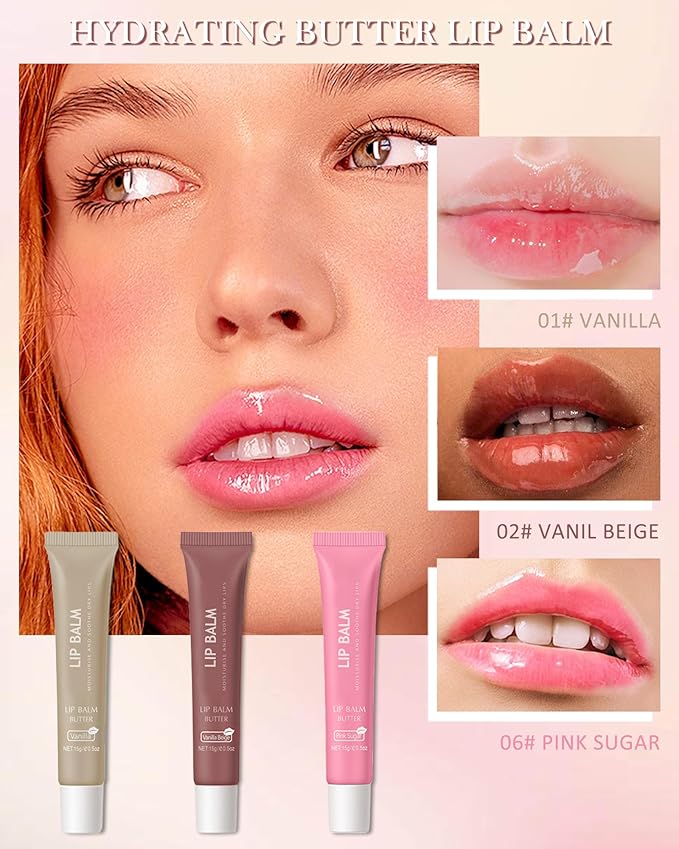 Butter Tinted Lip Balm-3 Colors Vanilla Beige Brown Pink Sugar Lip Gloss,Clear Jelly Yummy Tint Lip Stain,Long Lasting Hydrating Glow Reviver Lip Care Oil, Christmas Makeup Gift for Women-Set A