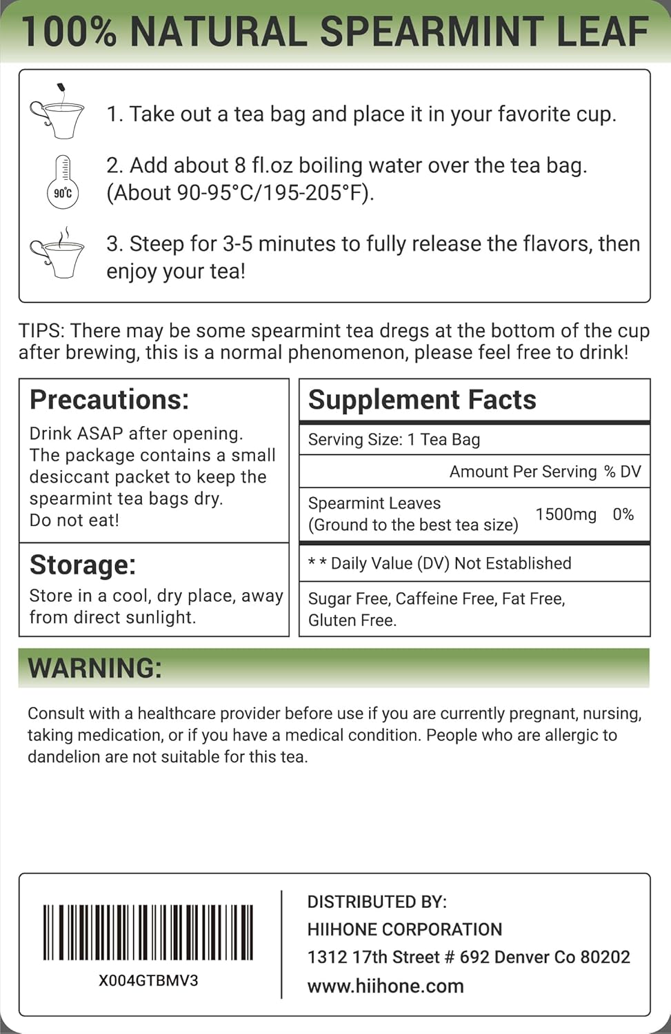 Spearmint Leaf Herbal Tea - Caffeine Free, 40 Tea Bags