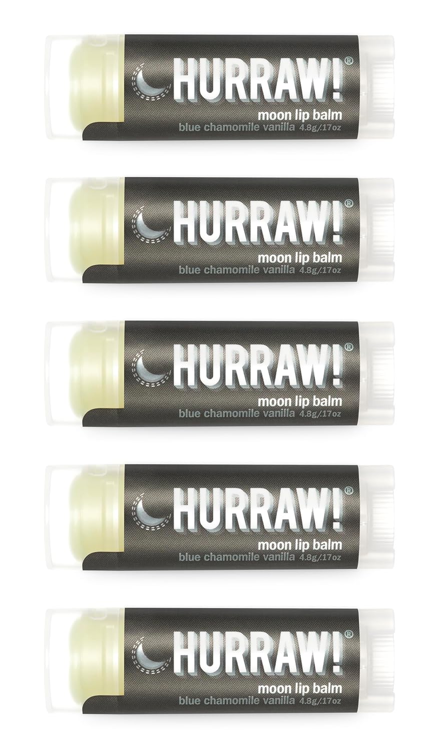 Hurraw! Moon Night Treatment (Blue Chamomile, Vanilla) Lip Balm, 5 Pack: Organic, Certified Vegan, Cruelty and Gluten Free. Non-GMO, 100% Natural Ingredients. Bee, Shea, Soy and Palm Free. Made in USA