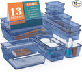 13 PCS Drawer Organizer Set, 5 Varied Size Bathroom and kitchen Drawer cabinet organizer Trays, Clear Storage Bins for Makeup, Jewelry, Utensils and Gadgets, Dark Blue