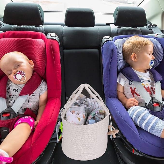 Large Baby Diaper Caddy Organizer for Girl Boy Rope Nursery Storage Bin Basket Portable Holder Tote Bag for Changing Table Car Travel Baby Shower Gifts Newborn Essentials Registry Must Haves White