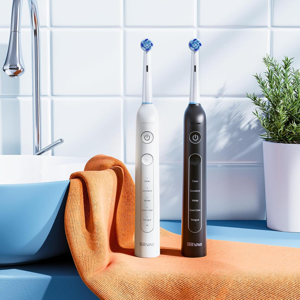 Bitvae Rotating Electric Toothbrush 2 Packs for Adults with Pressure Sensor, Gifts for Men/Women, 5 Modes Rechargeable Power Toothbrush with 8 Brush Heads, Black & White, R2