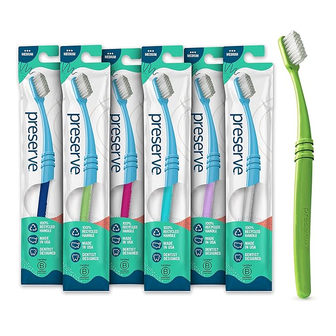 Preserve Eco Friendly Adult Toothbrushes, BPA Free, Made in The USA from Recycled Plastic, Lightweight Toothbrush in Travel Pouch, Medium Bristles Tooth Brush, Colors Vary, 6 Pack