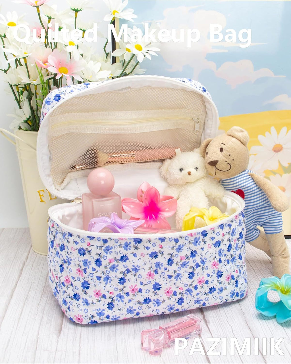 PAZIMIIK 3PCS Makeup Bag SET Large Travel Quilted Zipper Soft Cosmetic Case Pouch for Women Girls Make Up,Floral Blue