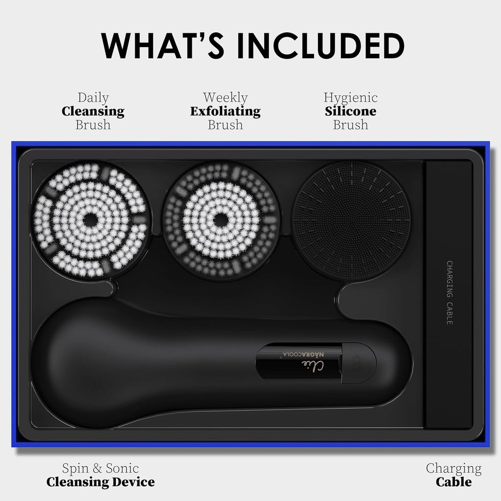 Premium Face Scrubber, Deep Pore Cleansing Brush, Waterproof & Rechargeable Face Scrub Brush for Men& Women, Electric Facial Exfoliator with 3 brushes, 3 Intensities, 2 Modes with Eye Rollor- Charcoal