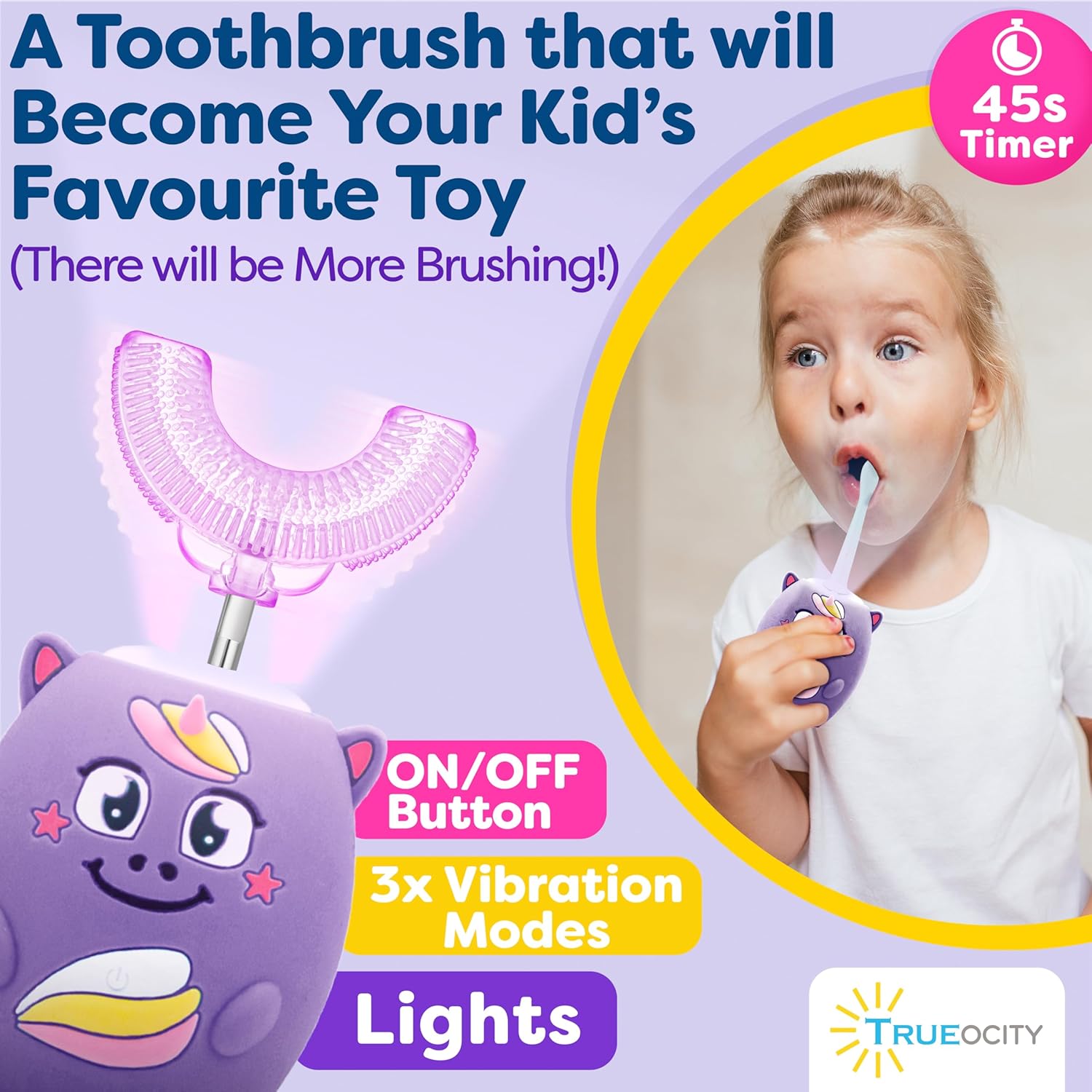 Trueocity Kids U Shape Toothbrush Auto Electric Toddler Rechargeable Kids Automatic Toothbrush | 360° U-Shaped Silicone Brush Head | Gentle Cleaning for Ages 2–7 | Unicorn Design (Purple)