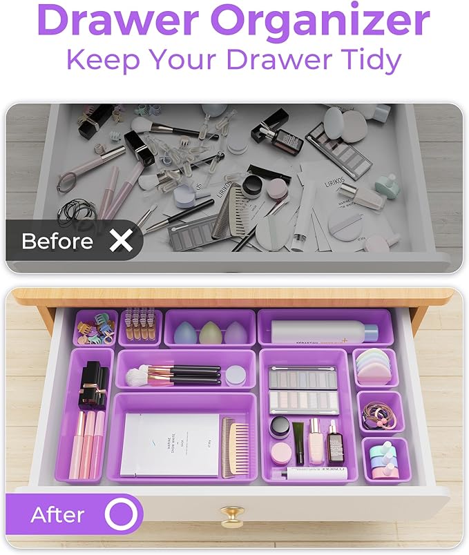25 PCS Plastic Drawer Organizers Set, 4-Sizes Vanity and Makeup Organizer, Desk and bathroom Drawer Organizer Trays, Organizers and Storage for Makeup, Jewelry, Gadgets, Utensils (Purple)