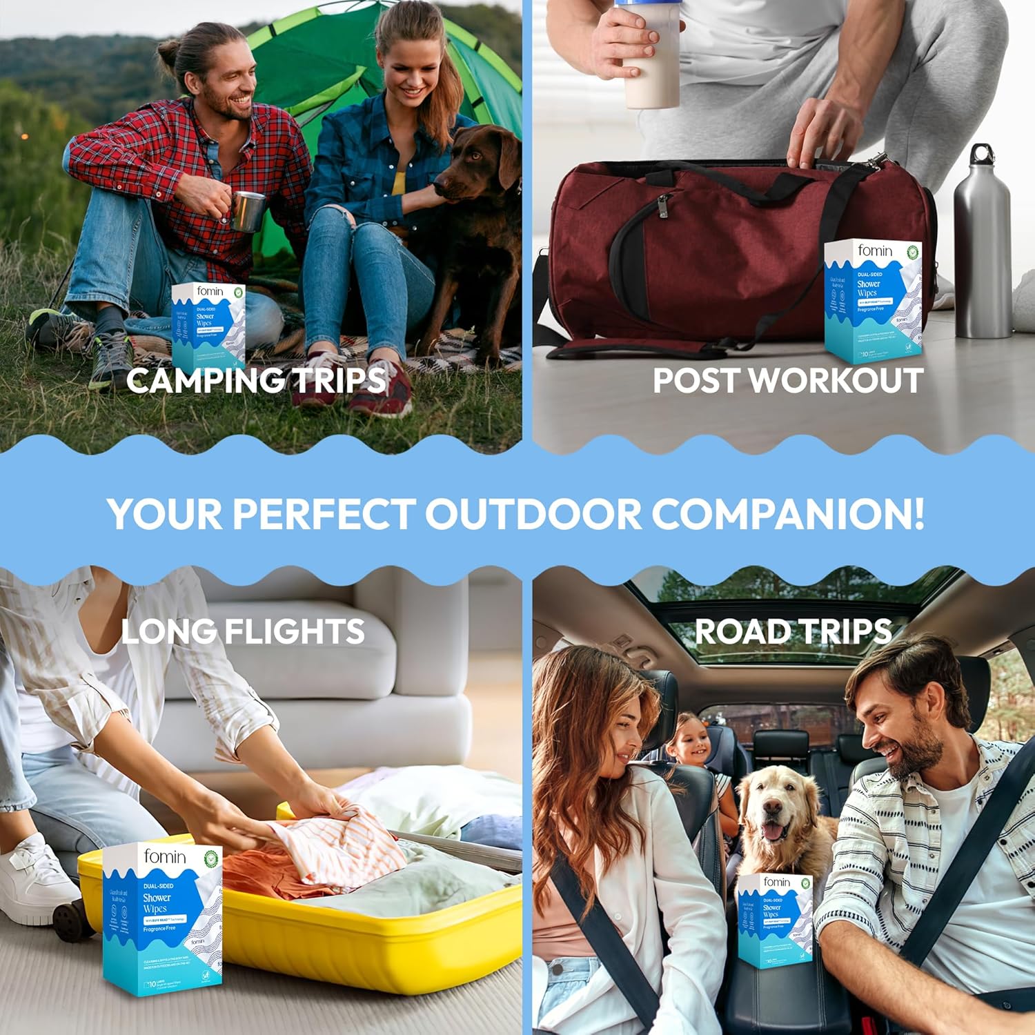 FOMIN Travel Shower Wipes - 10 Pack - No Rinse XL Bathing Wipes with Vitamin E - Fragrance-Free Full Body Wipe for Adults - Individually Wrapped Waterless Bath Wipe for Hygiene, Camping, & Gym