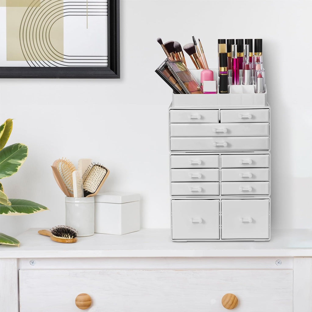 Sorbus Large Makeup Organizer - Stackable Jewelry & Makeup Organizer For Vanity, Bathroom Storage, Dresser - 12 Drawers Cosmetic Beauty Organizers and Storage with Lipstick, Makeup Brush Holder