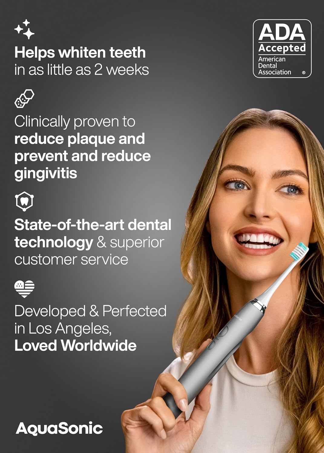 Aquasonic Vibe Series Ultra-Whitening Toothbrush – ADA Accepted Electric Toothbrush - 8 Brush Heads & Travel Case – 40,000 VPM Motor & Wireless Charging - 4 Modes w Smart Timer – Charcoal Metallic
