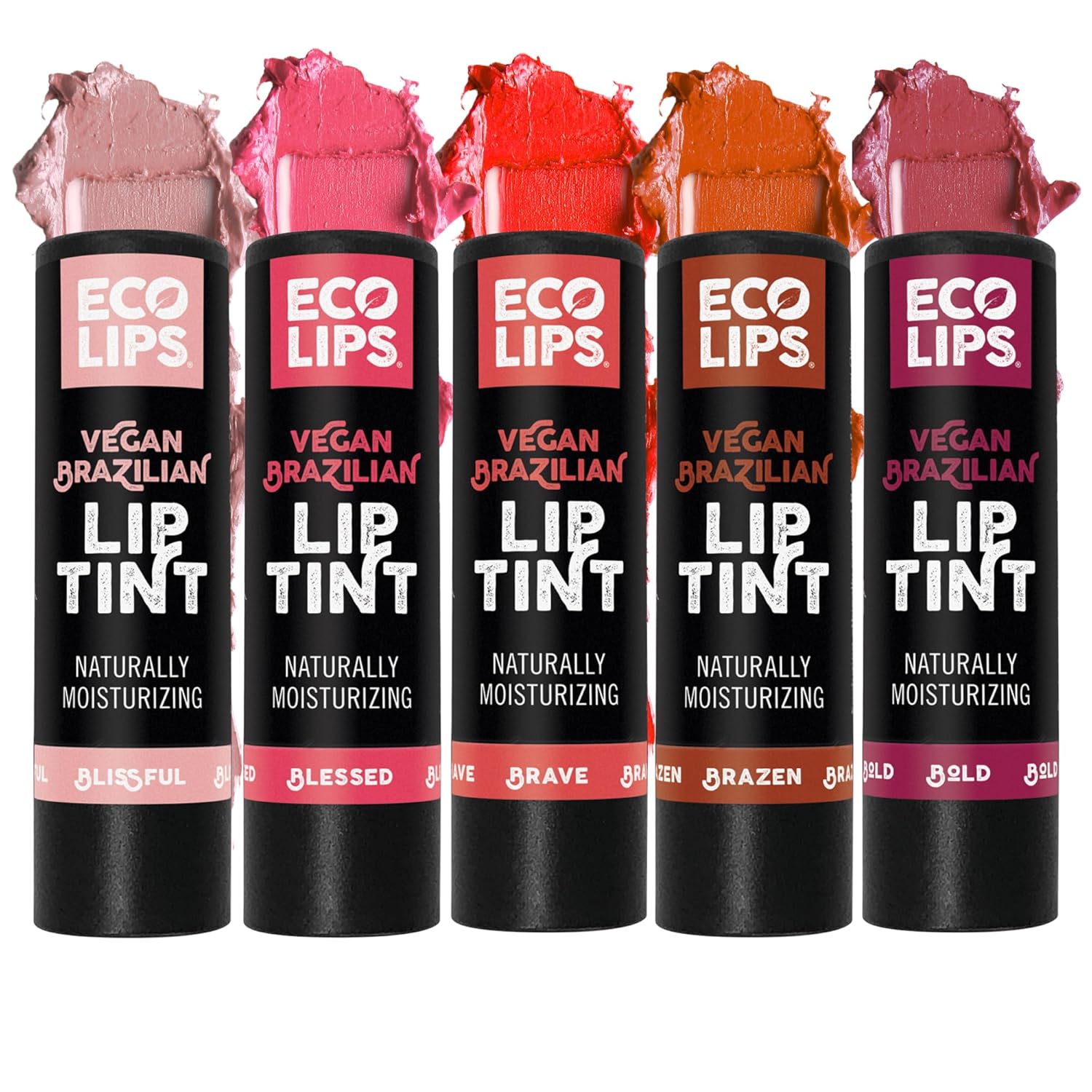 Eco Lips Vegan Cruelty-Free Brazilian Lip Tint Variety Pack - 100% Natural Lip Balm (Blessed, Blissful, Brave, Brazen, Bold) (5 Pack) | Made in USA
