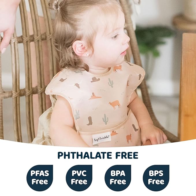Tiny Twinkle Mess-Proof Baby Bibs for Eating | Waterproof, Wipeable Toddler Bibs with Catch-All Pocket | Feeding Bibs for Girls & Boys(3 Pack,Cowboy)