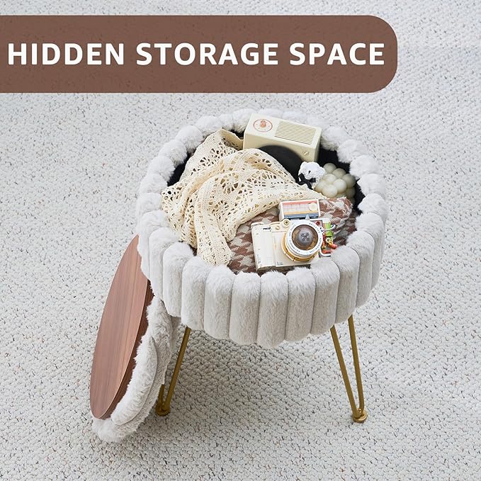 Wimarsbon Vanity Stool with Storage, Faux Fur Ottoman Chair with Metal Legs, Round Makeup Vanity Chair for Bedroom or Dressing Table, Modern Small Ottoman Seat (Light Grey)