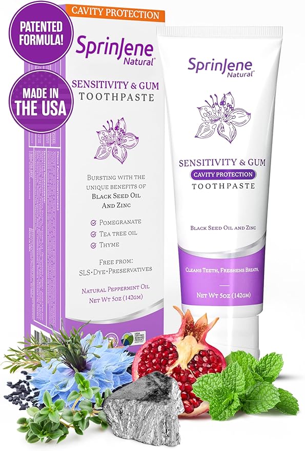 SprinJene Natural Sensitivity & Gum, Fluoride Toothpaste for Sensitive Teeth & Gum (1 Pack) + Fluoride Free & Alcohol Free Mouthwash + Electric Toothbrush with Wireless Charger & 2 Replacement Heads