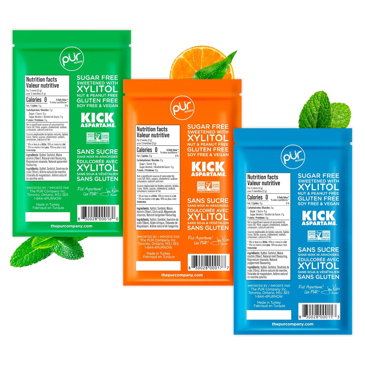 PUR Mints | Aspartame Free Breath Mints | Made with Xylitol | Sugar Free, Vegan, Gluten Free | Natural Flavor, Variety Pack | 65 Pieces in Re-Sealable pouch (Pack of 3)