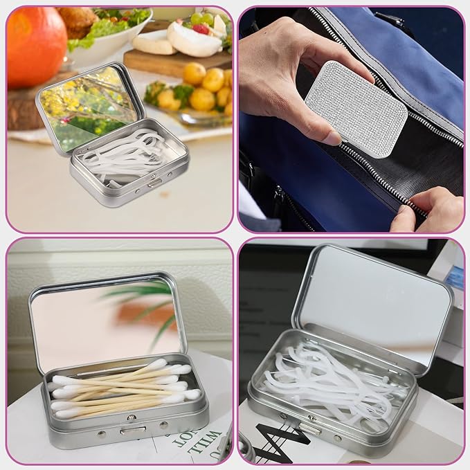 2Pack Bling Dental Floss Cases, Portable & Refillable Floss Pick Holders with Mirror, Gum Container Metal Tin Box Case for Q-tip,Cotton Swab (Silver)