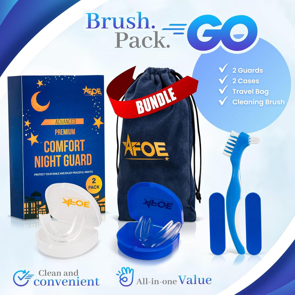 2-Pack Dual-Mold Bruxism Night Guards, Premium Comfort for Teeth Grinding & TMJ Relief (Clear & Blue), BPA & Latex-Free, Custom Dental Guards, Travel Cases & Brush – by AFOE