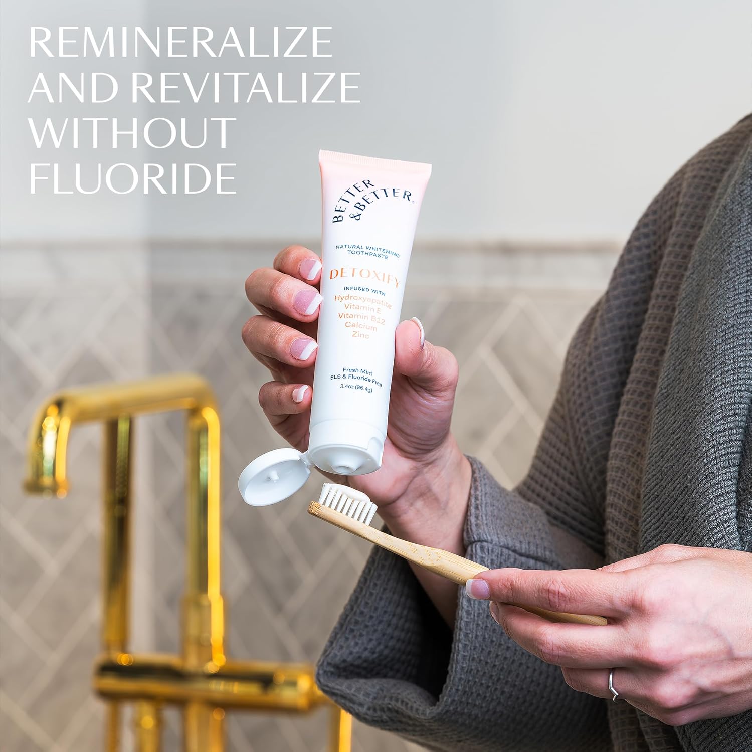 Better & Better Detoxify Hydroxyapatite Toothpaste | Whitening Toothpaste Infused w/Vitamins E & B12, Calcium & Zinc | Fluoride & SLS Free for Sensitive Brushers | Fresh Mint Flavor | 3.4oz, 1 Pack