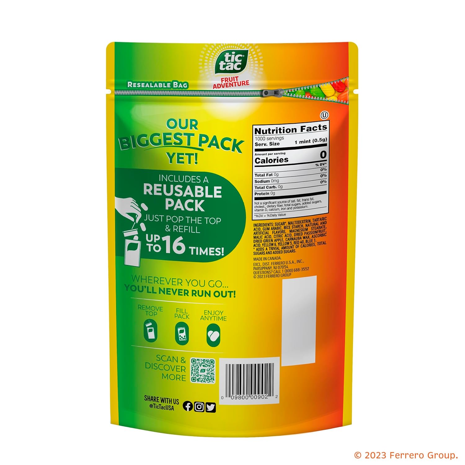 Tic Tac Bulk Resealable Refill Bag, Fruit Adventure Mints, On-The-Go Refreshment, Includes Empty Refillable Pack, 17.2 oz