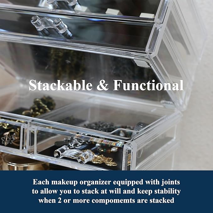 Sea Team Clear Makeup Organizer with Drawers, Acrylic Plastic Cosmetic Display Case, Jewelry Storage Box, Holder for Dresser, Bathroom, Vanity, Countertop (1 Large, 1 Middle Drawers)