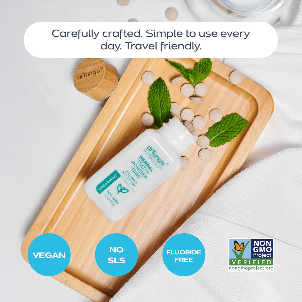 drTung's Herbal Toothpaste Tablets - Toothpaste Tabs for Dry Mouth Relief, Natural Tooth Powder Tablets for Fresh Breath, Fluoride Free, Travel Size, Vegan, Non-GMO - Spearmint (100 Tabs), 3-Pack