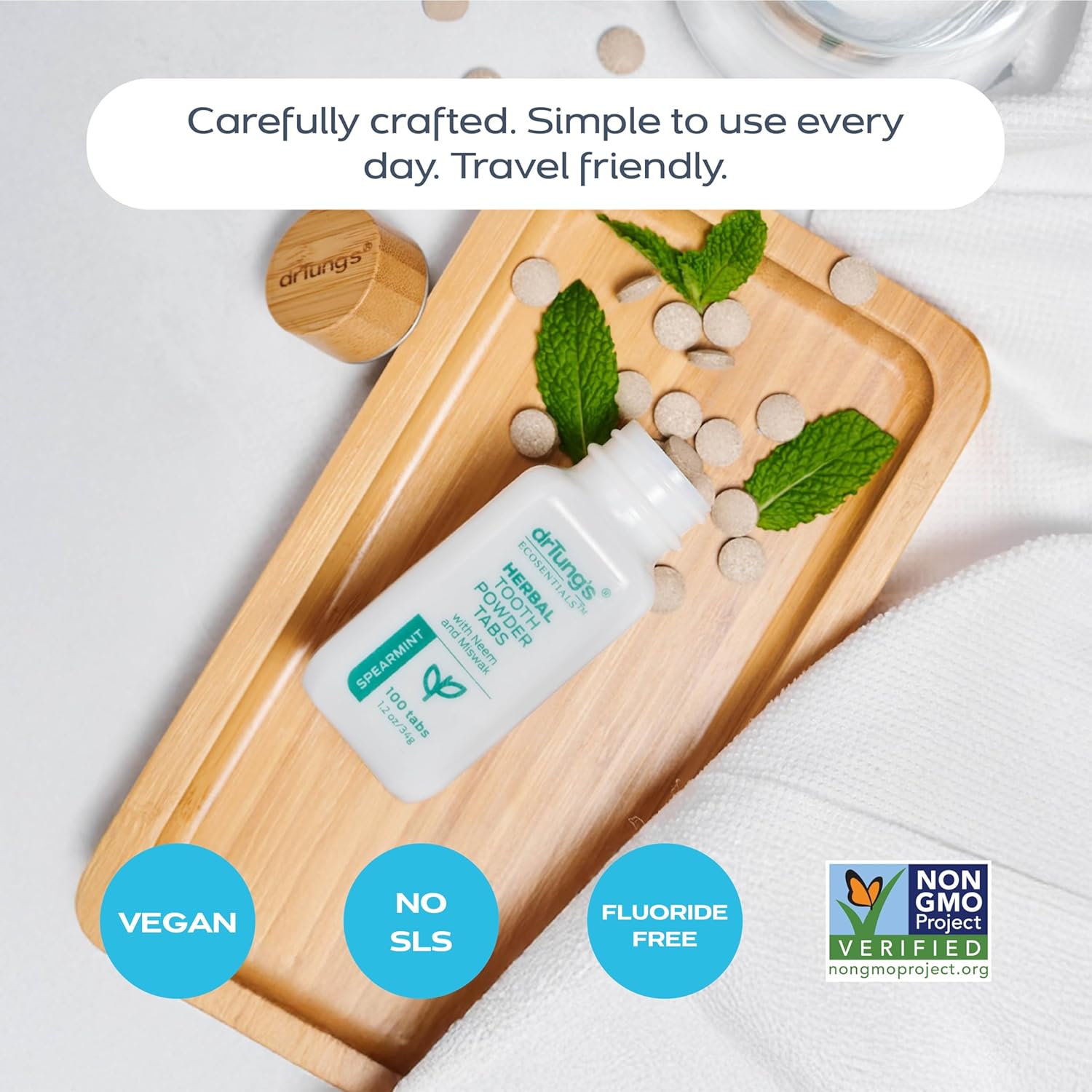 drTung's Herbal Toothpaste Tablets - Toothpaste Tabs for Dry Mouth Relief, Natural Tooth Powder Tablets for Fresh Breath, Fluoride Free, Travel Size, Vegan, Non-GMO - Spearmint (100 Tabs)