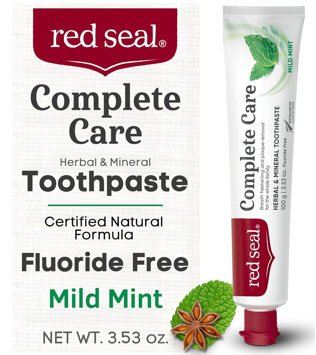 Red Seal Complete Care Mild Mint Toothpaste, NATRUE Certified Natural Toothpaste for The Whole Family, Paraben & SLS Free, Fluoride Free, Vegan Friendly & Cruelty Free, No Artificial Flavors, 3.53 oz