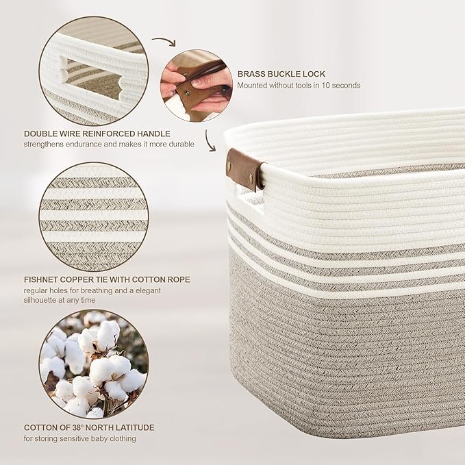 100L Extra Large Laundry Basket with Leather Handles for Living Room Storage, Woven Rope Baskets for Blanket, Kids Toy, Gifts, Wicker Hamper for Bedroom Dirty Clothes, 24"x16"x16" White Brown