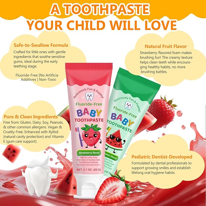 2PACK Kids Toothpaste Watermelon and Strawberry Flavor, Swallowable Toothpaste with xylitol and Vitamin E, Fights Plaque, Designed for Children, 2.1OZ