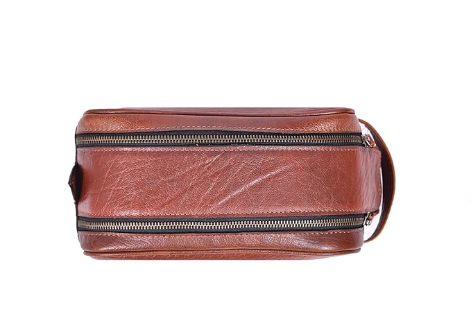 10" Premium Leather Toiletry Travel Pouch With Waterproof Lining | King-Size Handcrafted Vintage Dopp - Kit ~ Gift for Father's Day By Aaron Leather Goods (I Brown)