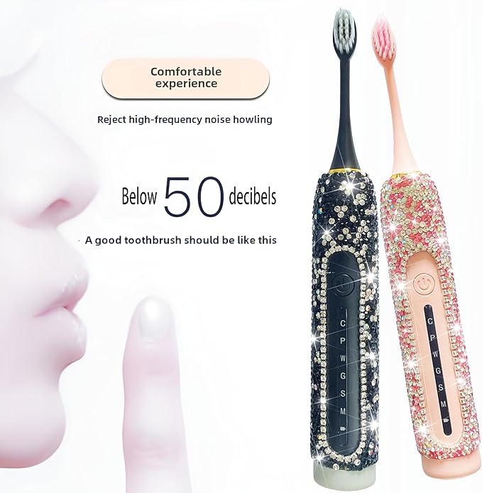 Electric Toothbrush for Girl Pink Toothbrush Bling Diamond Decor Portable Travel Essentials for Women Pink Toothbrush with 3 Replacement Heads 6 Modes