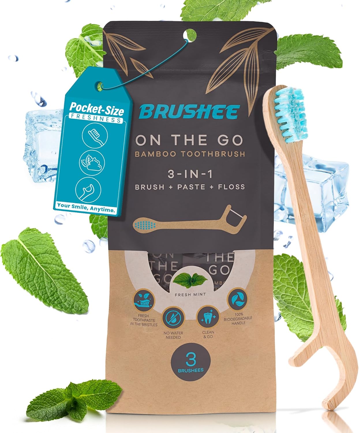 Brushee - 3 Pack Bamboo Toothbrushes Kit - 3-in-1 Travel Toothbrush with Flosser - Soft Eco-Friendly Disposable Toothbrushes with Toothpaste Fresh Mint Flavored - Individually Wrapped for Travel