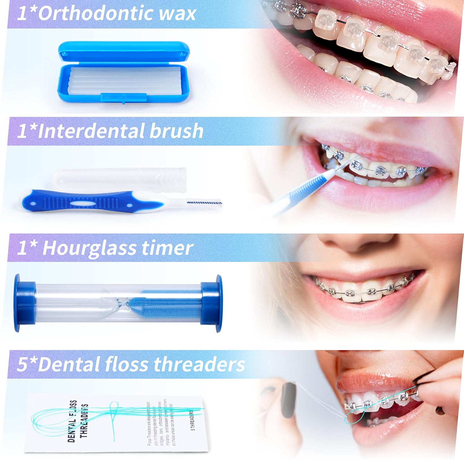Annhua Braces Kit Cleaning 8 Pack for Orthodontic, Portable Tooth Cleaning Tools Family Oral Care Hygiene Set, Interdental Brush, Ortho Wax, Floss, Oral Mirror Included - Blue