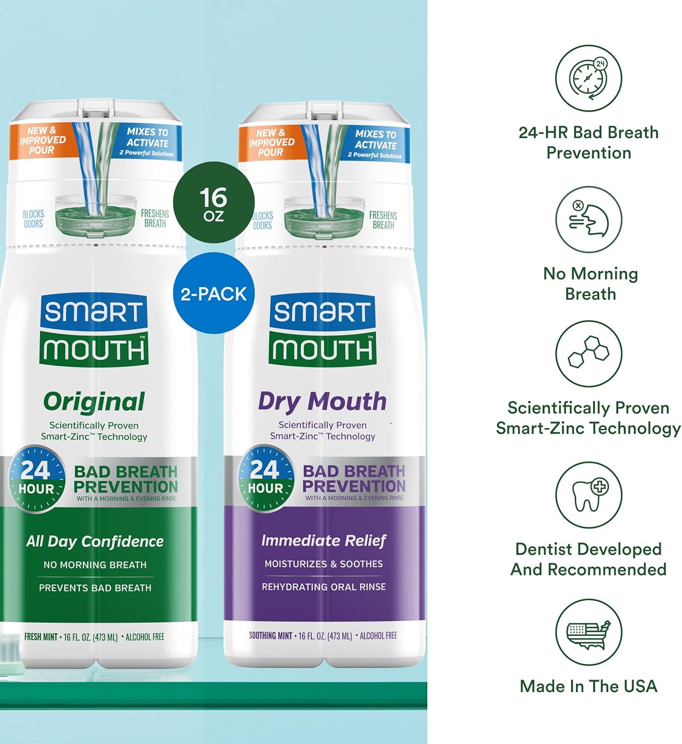 SmartMouth Original & Dry Mouth Activated Mouthwash - Fresh Breath & Dry Mouth Relief - Bad Breath Prevention Mouthwash, 16 fl oz Each