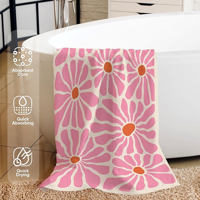 Pink Boho Floral Beach Towel, Flower Daisy Pool Towels, Vintage Boho Flowers Floral Daisies Large Beach Bath Travel Towels for Swimming Camping, Pink Bohemian Bathroom Accessories Decor,30x60in