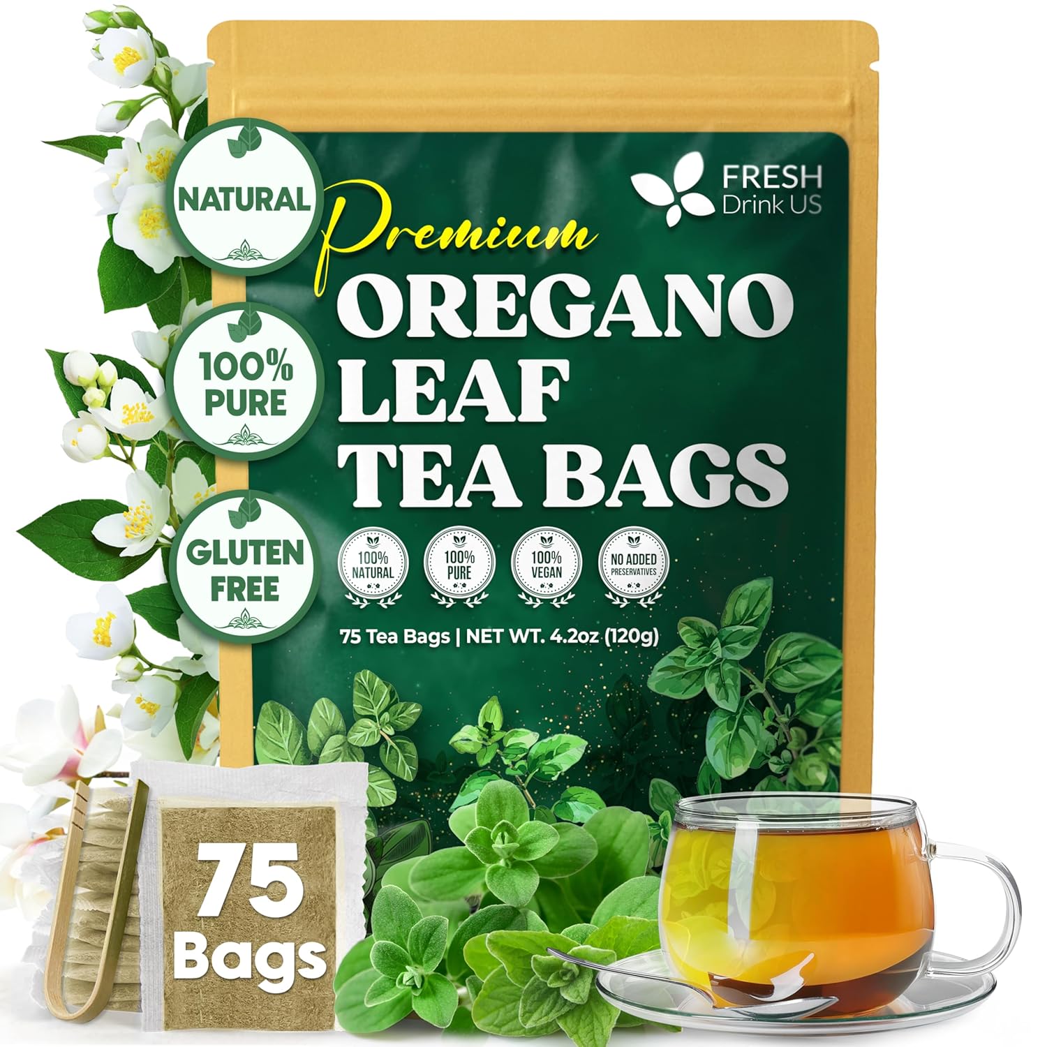 FreshDrinkUS, Oregano Leaf Tea | 75 Tea Bags – Pure Herbal Infusion from Origanum vulgare - Naturally Bold & Aromatic Flavor - Premium Quality, Sustainably Sourced. Vegan