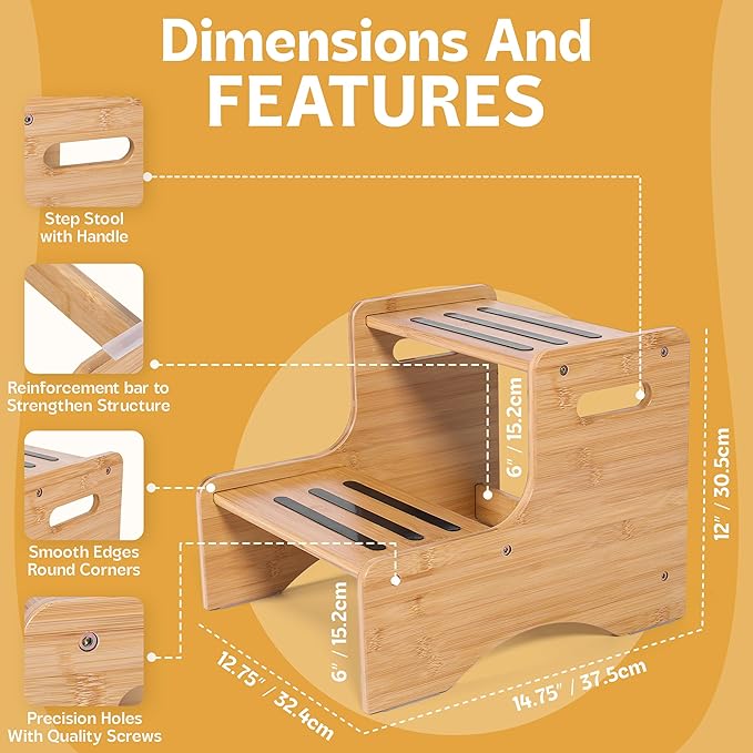 Wooden Kids Step Stool | 13" W by 12" H - 300LB Capacity | Kids Stool & Toddler Stool for Bathroom is Lightweight, Anti-Slip, Easy Assembly with Smooth Rounded Edges, Bamboo Step Stool