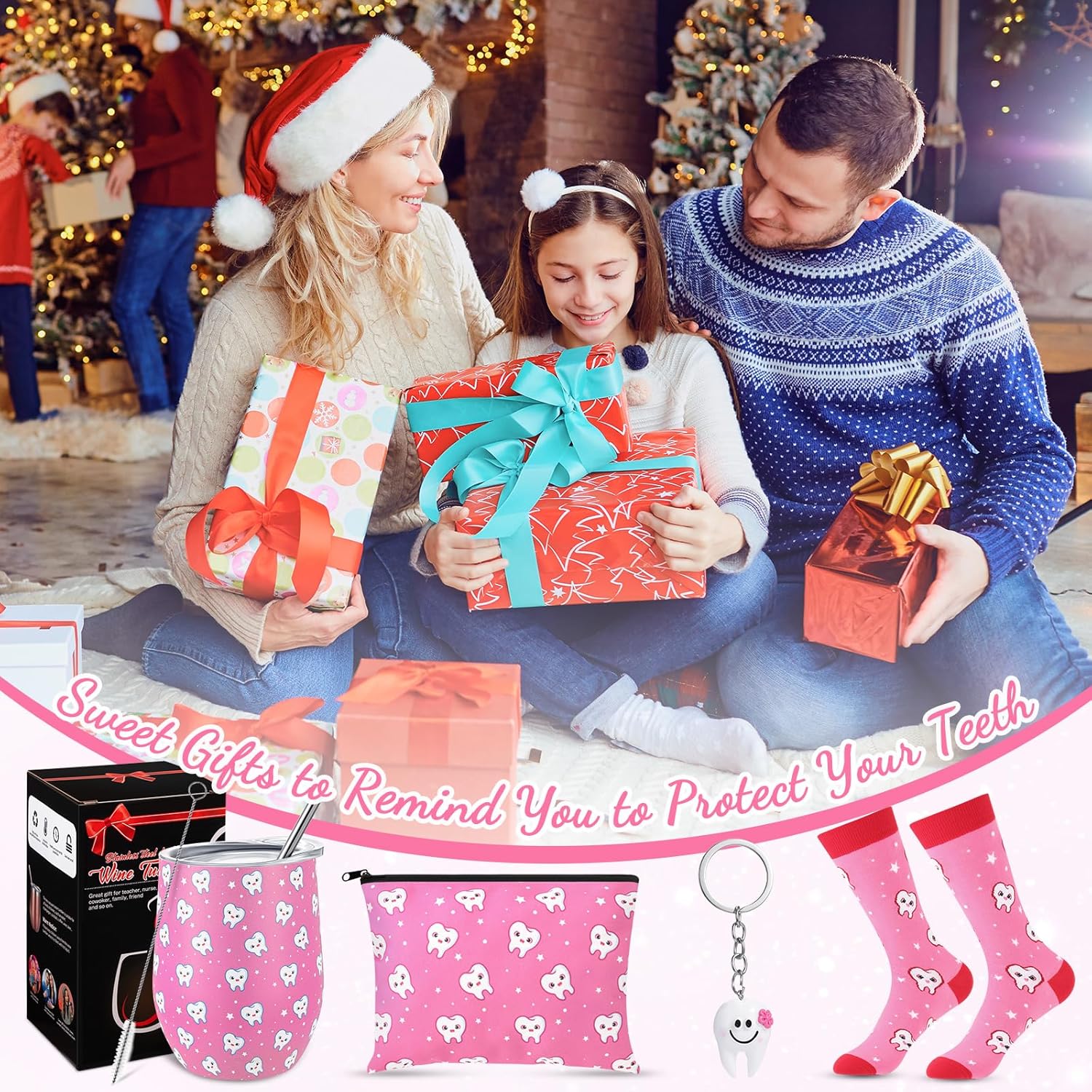 Sliner 4 Pcs Dental Assistant Gifts Set 12 oz Pink Teeth Stainless Steel Tumbler Cosmetic Bag Tooth Shape Keychain Novelty Tooth Sock Dental Hygienist Gifts for Nurse Dentist Christmas Graduation