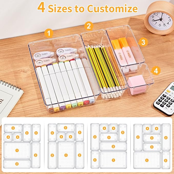 SMARTAKE 28 Piece Drawer Organizers with Non-Slip Silicone Pads, 4-Size Desk Drawer Organizer Trays Storage Tray for Makeup, Jewelries, Utensils in Bedroom Dresser, Office and Kitchen, Clear