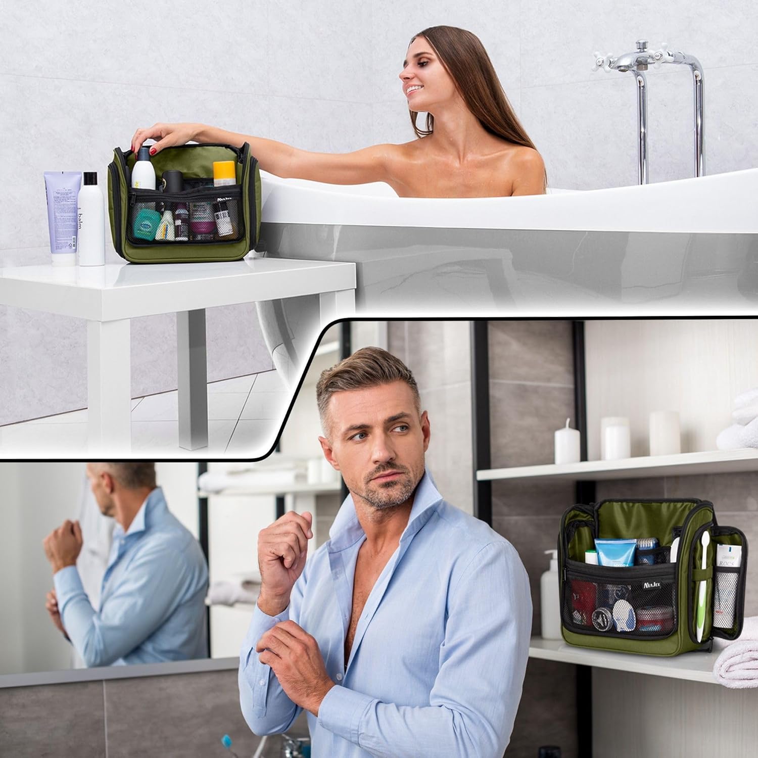 Travel Toiletry Bag for Men and Women - (10.6”x10.6”x3.2”) Large Hanging Toiletry Organizer - Waterproof Hygiene Bag with Metal XXL Swivel Hook, with Sturdy Zippers and 19 Compartments for Toiletries