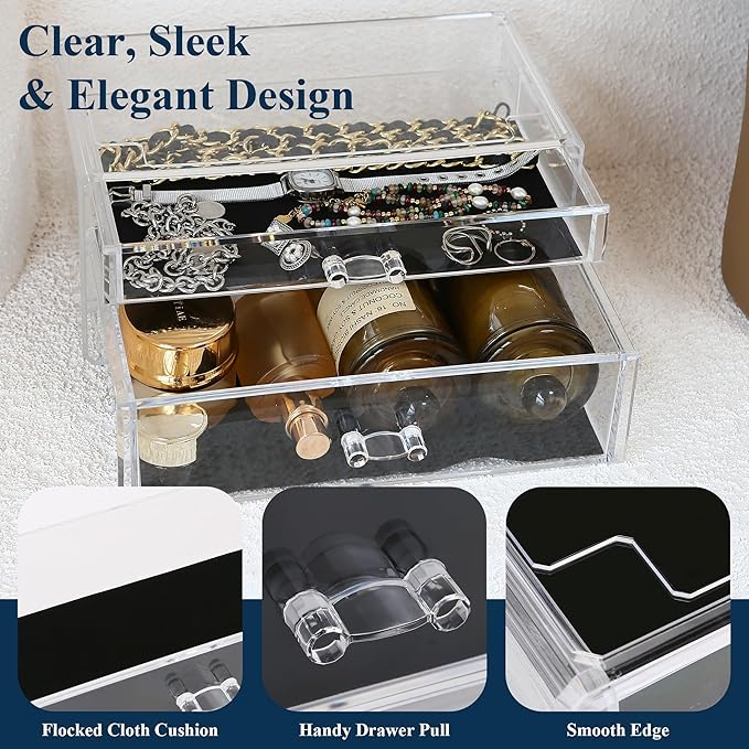 Sea Team Clear Makeup Organizer with Drawers, Acrylic Plastic Cosmetic Display Case, Jewelry Storage Box, Holder for Dresser, Bathroom, Vanity, Countertop (1 Large, 1 Middle Drawers)