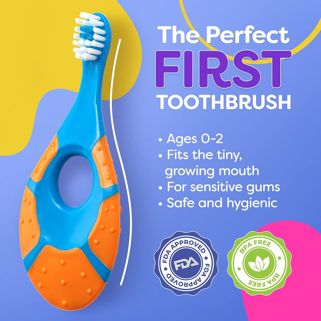 Baby Toothbrush 12 months and up - Toddler Toothbrush - Soft Bristles - Child Sized Brush Heads - infant toothbrush - Kids Tooth Brush - Easy Storage - BPA Free - Boy Set (4-Pack, Green, Orange, Blue)