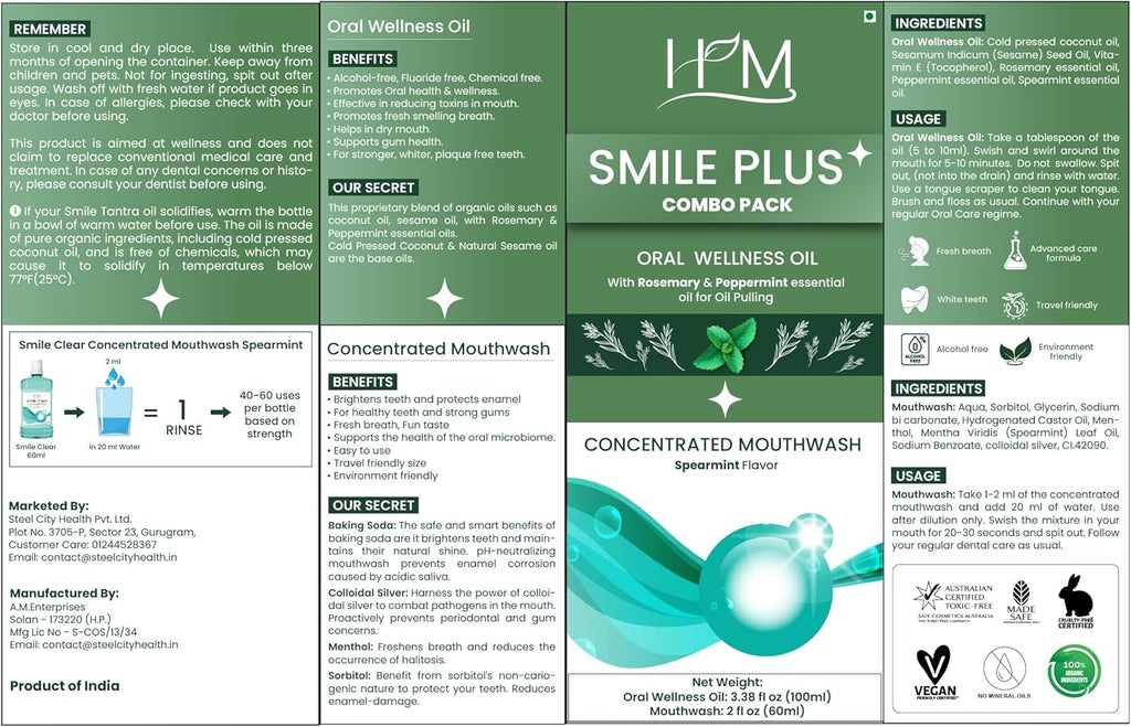 Smile Plus - Oral Wellness Oil (Rosemary and Peppermint) Essential Oils for Oil Pulling - 3.38FL Oz Whitening + Concentrated Mouth Wash, Travel Size - Spearmint Flavor - 60ML (2FL Oz)