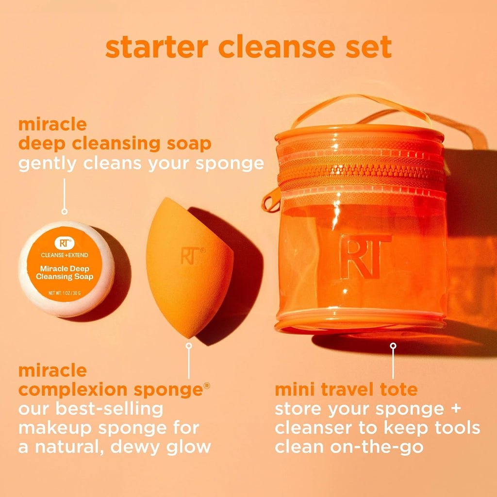 Real Techniques Miracle Blend + Cleanse 3 Piece Set, Makeup Sponge For Blending Foundation & Solid Soap For Deep Cleaning Sponges, Includes Travel Storage Tote, Cruelty-Free, & Latex-Free