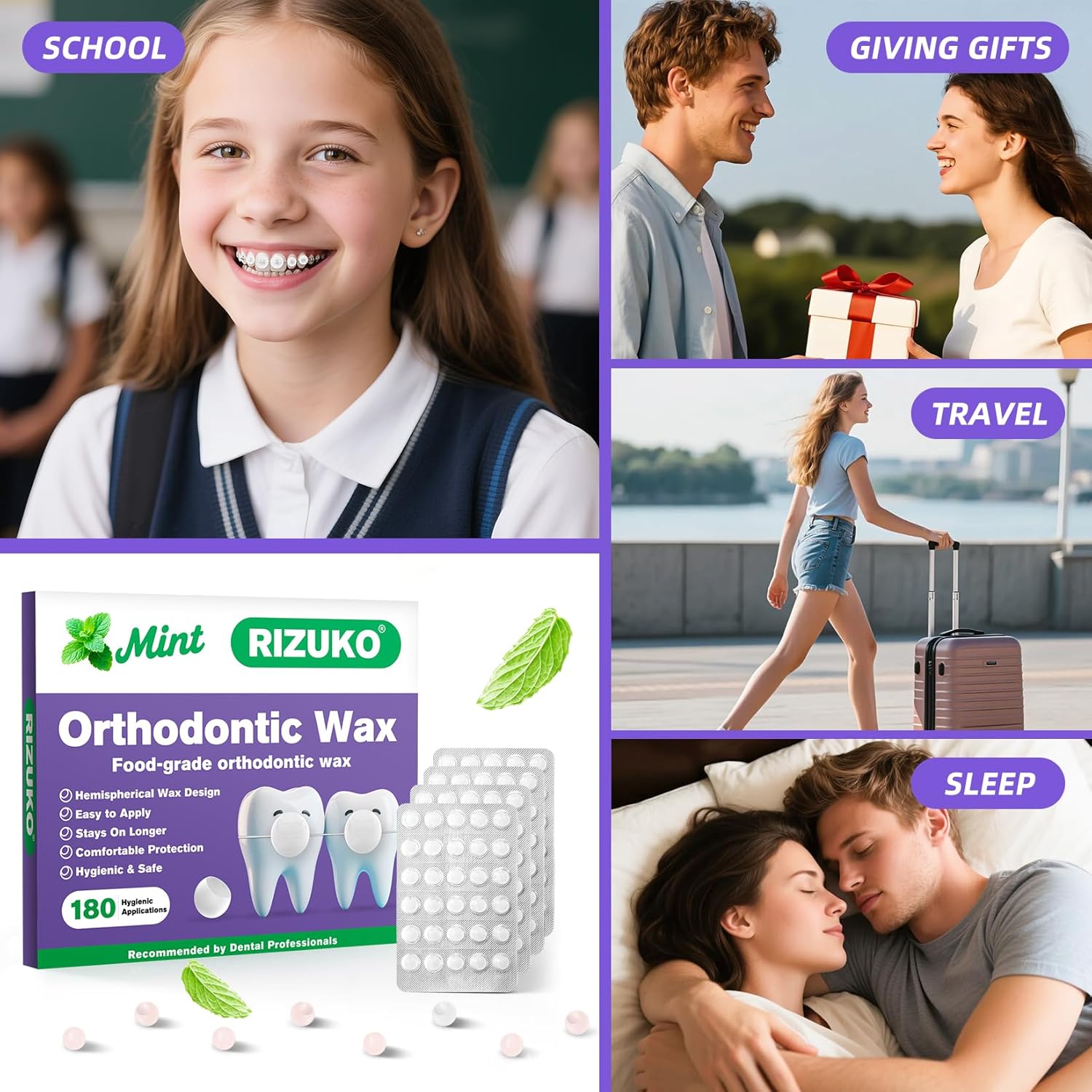 Orthodontic Wax for Braces - 180 Dental Wax Dots | Hygienic Individual Wraps, Mint Flavor