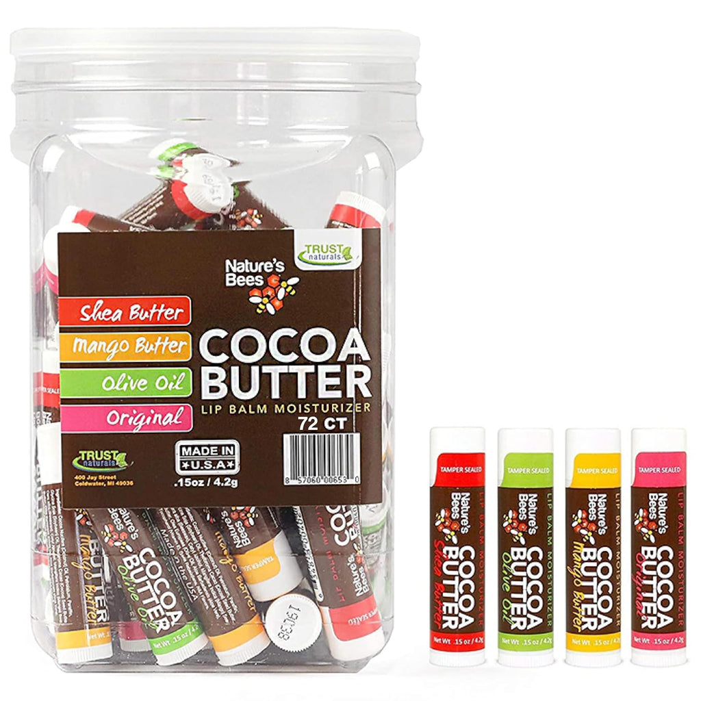 Nature's Bees, Cocoa Butter Lip Balms, Lip Moisturizer Treatment - Pack of 72, (Original Variety Assortments - Original, Olive Oil, Mango Butter, Shea Butter)
