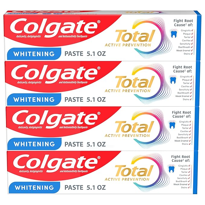 Colgate Total Whitening Toothpaste Paste, 5.1 oz, 4 Pack, Fluoride, Antibacterial, for Plaque, Gingivitis, Sensitivity, Stain Removal, Clinically Proven, Mint, Teeth Whitening, Stannous Fluoride