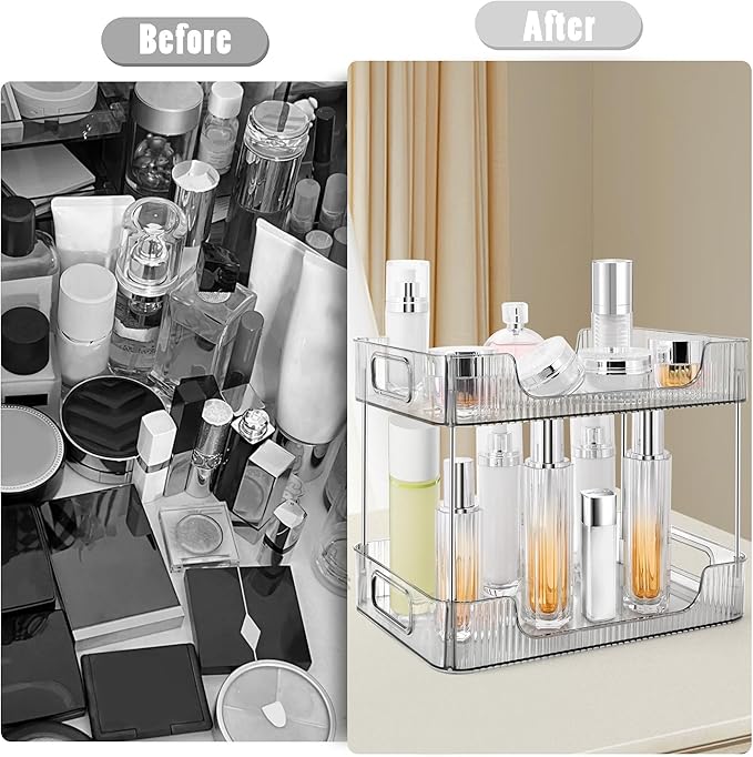 2-Tier Bathroom Counter Organizer Countertop Storage, Dresser Organizer Vanity Tray for Makeup, Perfume Organizer Cosmetics Skincare Shelf- Grey